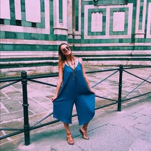 Love Stitch Blue Flowy Cropped Jumpsuit